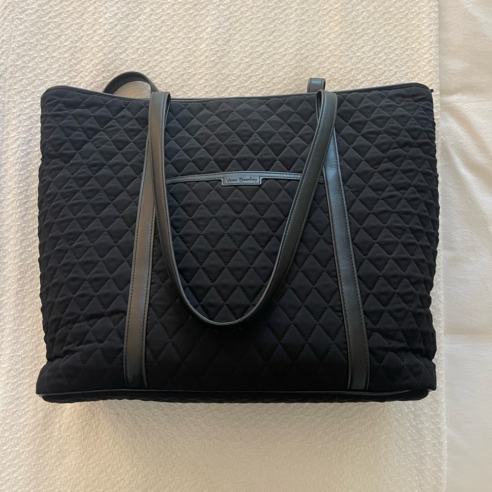 Vera Bradley Black Quilted Tote with Leather Trim